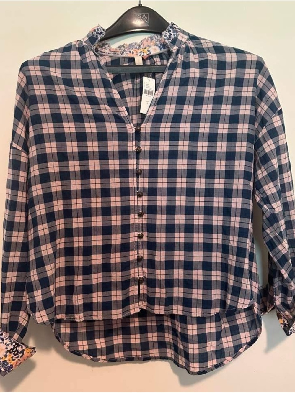 Anthropologie Navy and Pink Plaid Band-Collar Button-Down